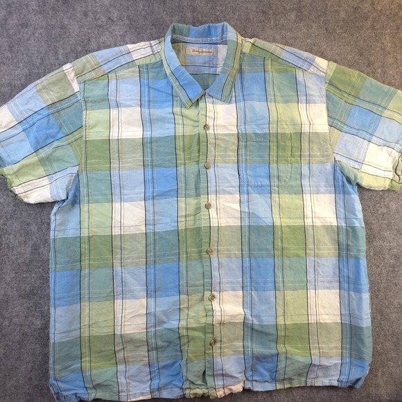 Tommy Bahama Other - Tommy Bahama Shirt 2XL Blue Green Plaid Short Sleeve Linen Silk Blend Button Up
